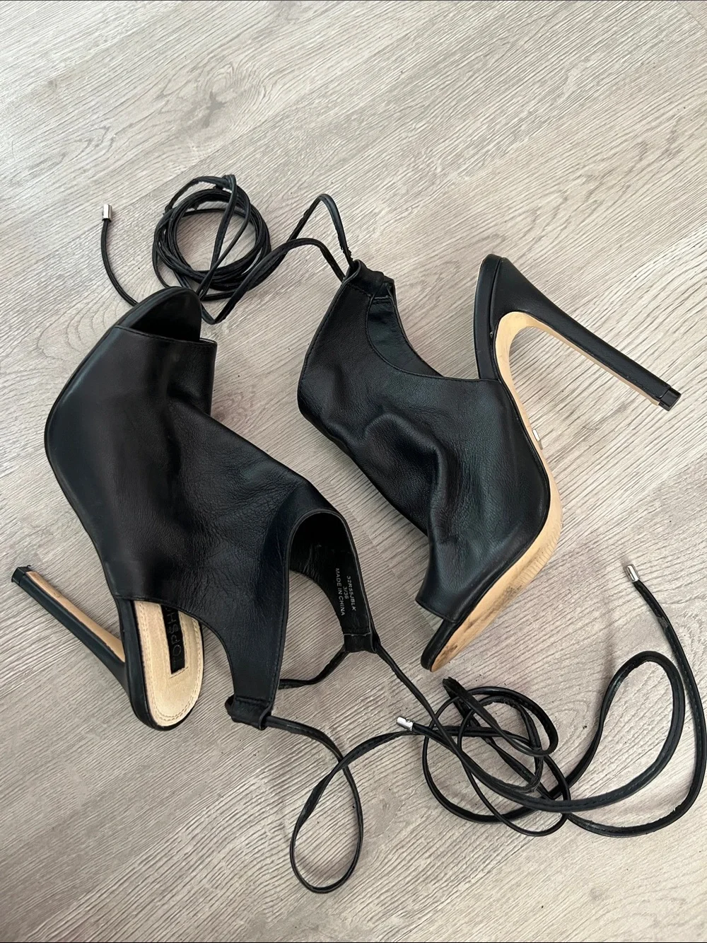 Top Shop Black Leather Lace-Up Peep Toe Wrap Sandal Heel